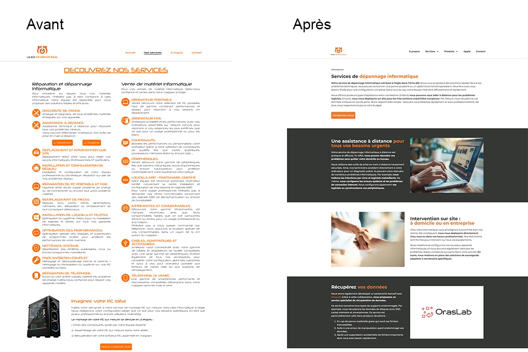 Visuel avant-après des pages "Services"