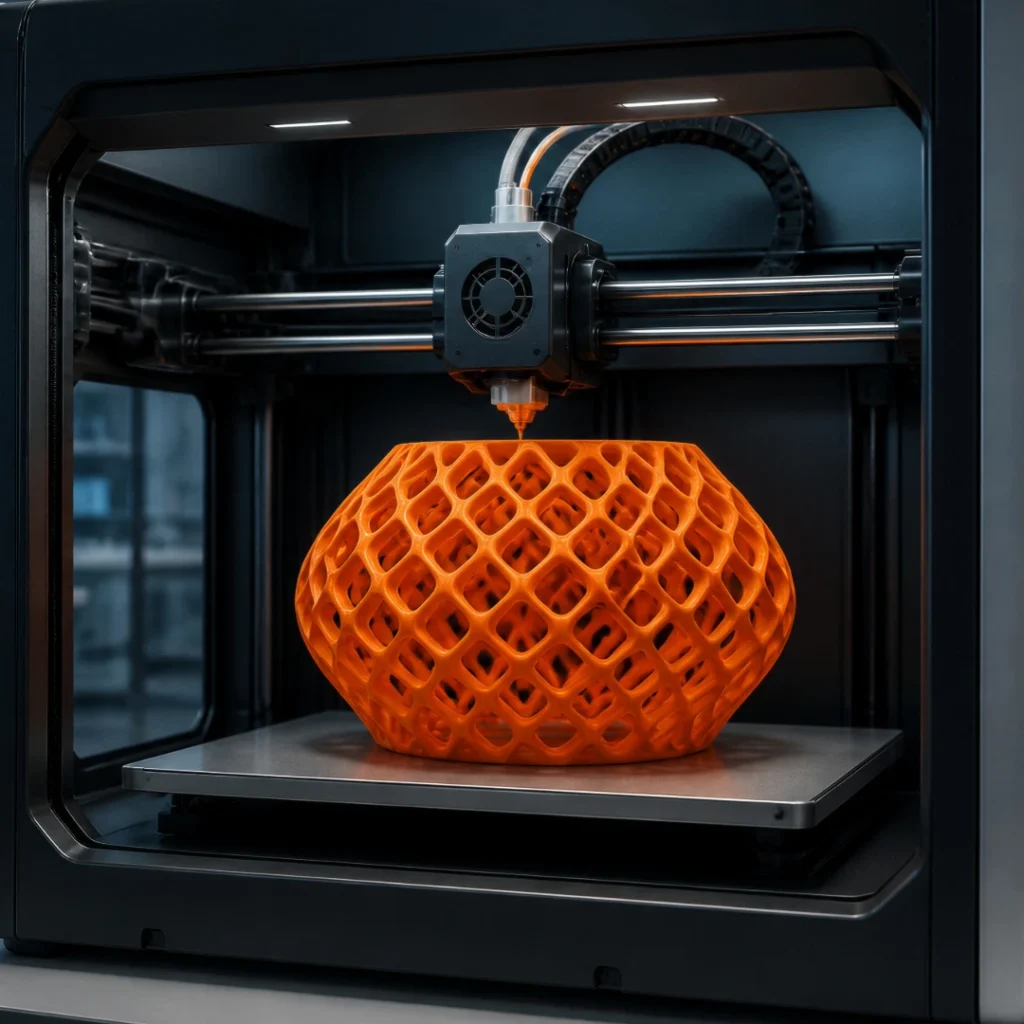 Pièce en cours d'impression 3D dans l'atelier Atmosphère 3D